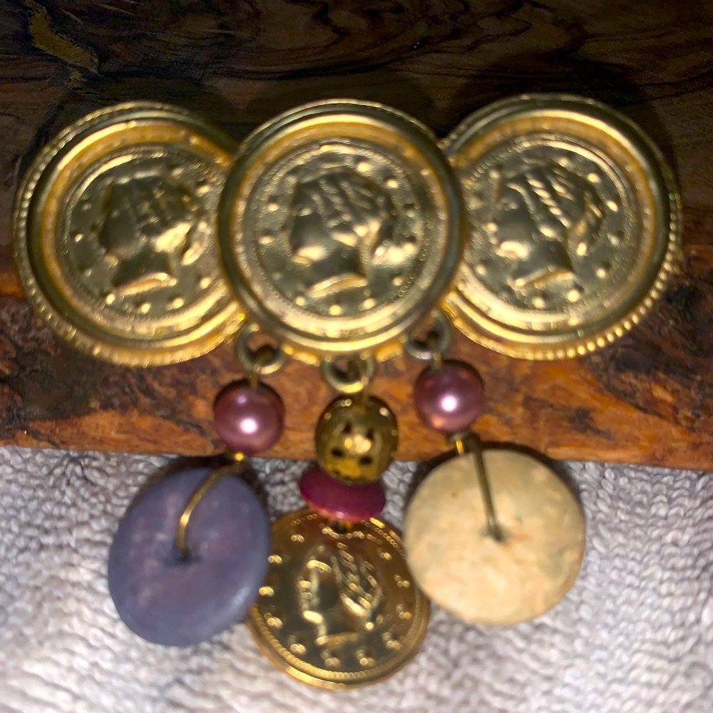 Vintage 80s Coin Brooch Gold Tone Matte European Roman Etruscan Greek Revival